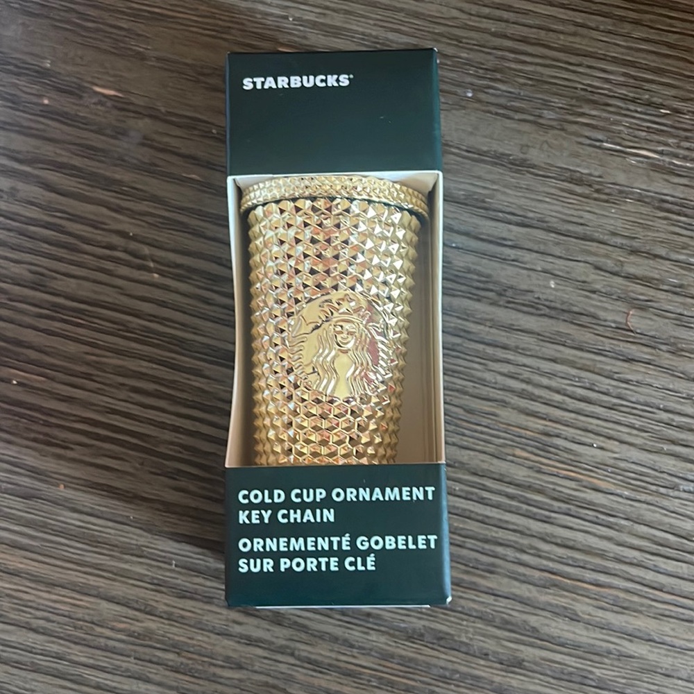 Brand new Starbucks holiday 2022 gold cup ornament keychain